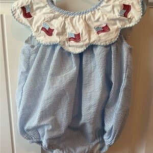 Baby Girls Blue Seersucker Romper with Flag Embroidered Collar